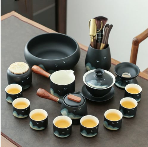 Set Gongfu de ceai din ceramică pentru 6 persoane, boluri cu capac – stil retro-modern