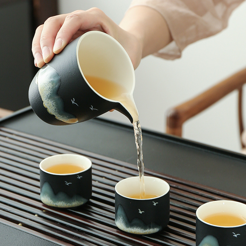 Set Gongfu de ceai din ceramică pentru 6 persoane, boluri cu capac – stil retro-modern