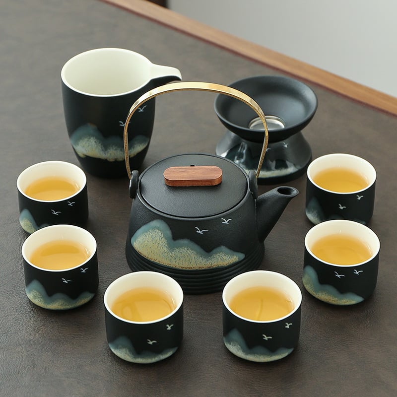 Set Gongfu de ceai din ceramică pentru 6 persoane, boluri cu capac – stil retro-modern