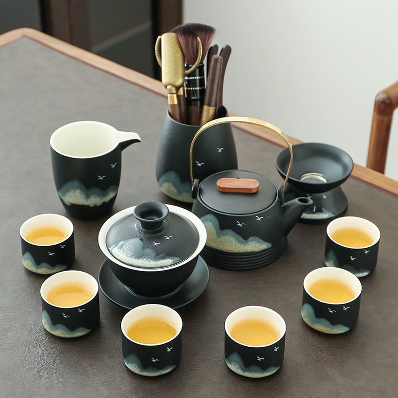 Set Gongfu de ceai din ceramică pentru 6 persoane, boluri cu capac – stil retro-modern