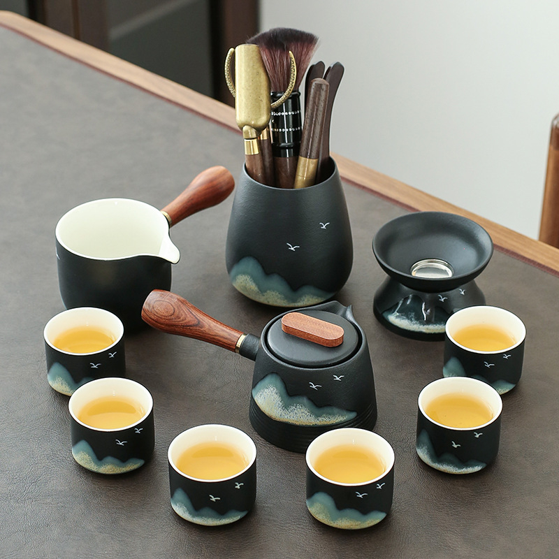 Set Gongfu de ceai din ceramică pentru 6 persoane, boluri cu capac – stil retro-modern