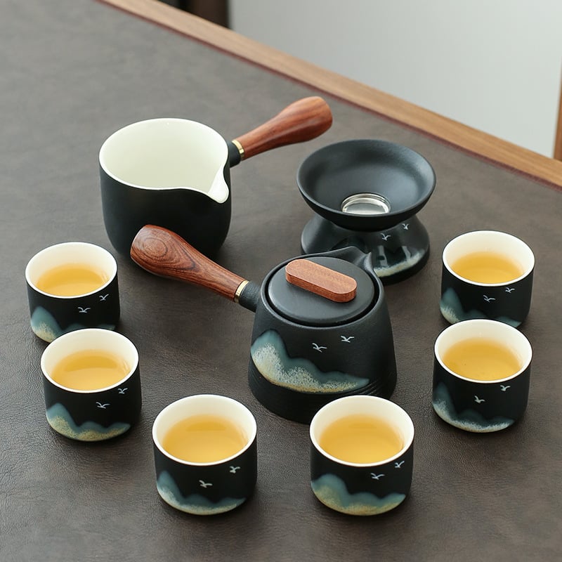 Set Gongfu de ceai din ceramică pentru 6 persoane, boluri cu capac – stil retro-modern