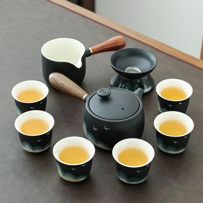 Set Gongfu de ceai din ceramică pentru 6 persoane, boluri cu capac – stil retro-modern