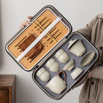 Set de ceai gaiwan Ru Kiln pentru călătorie, cu husă de depozitare
