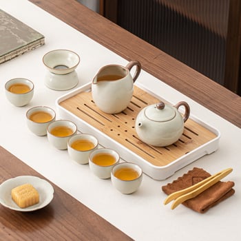 Set de ceai gaiwan Ru Kiln pentru călătorie, cu husă de depozitare