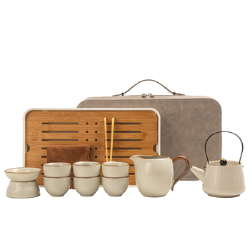 Set de ceai gaiwan Ru Kiln pentru călătorie, cu husă de depozitare