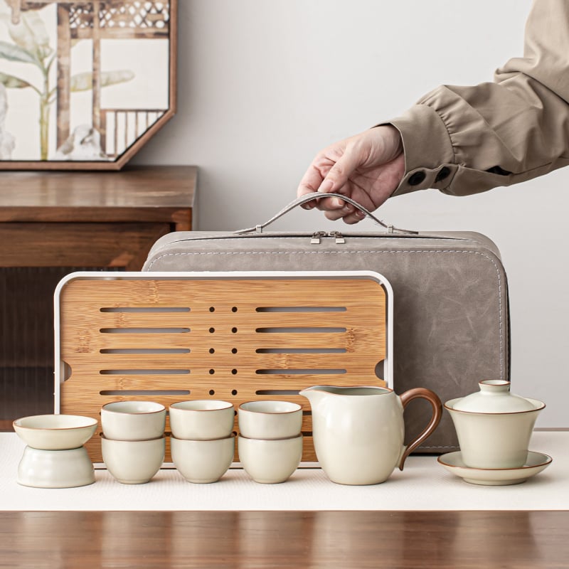 Set de ceai gaiwan Ru Kiln pentru călătorie, cu husă de depozitare