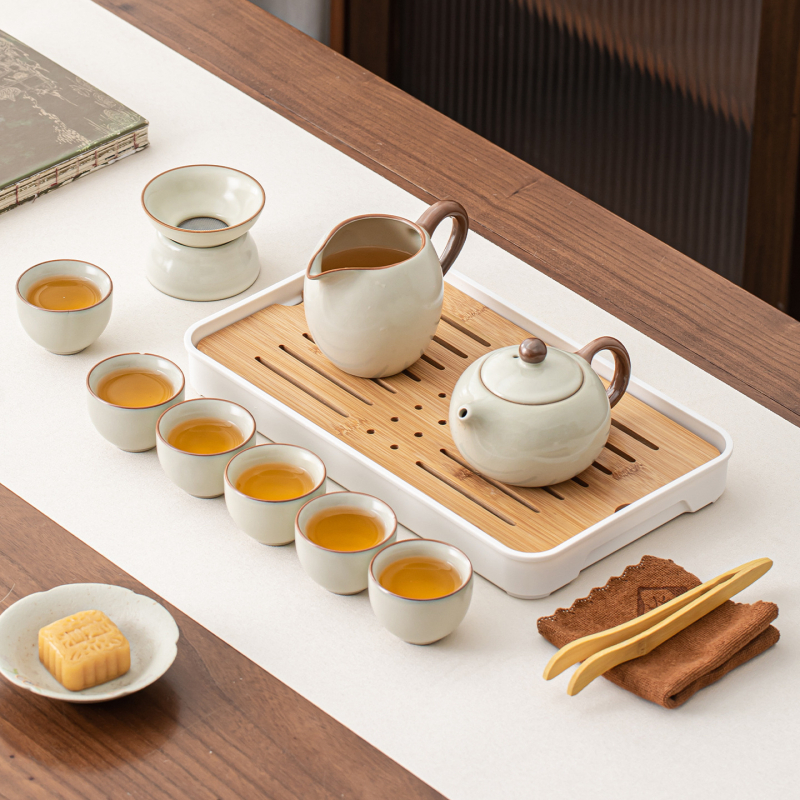 Set de ceai gaiwan Ru Kiln pentru călătorie, cu husă de depozitare