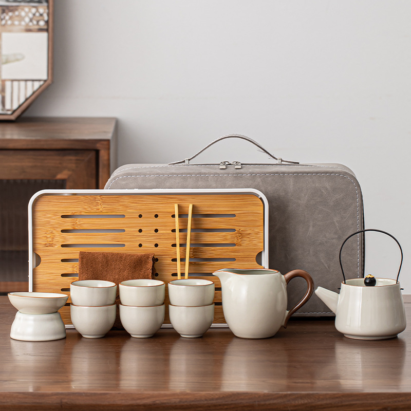Set de ceai gaiwan Ru Kiln pentru călătorie, cu husă de depozitare