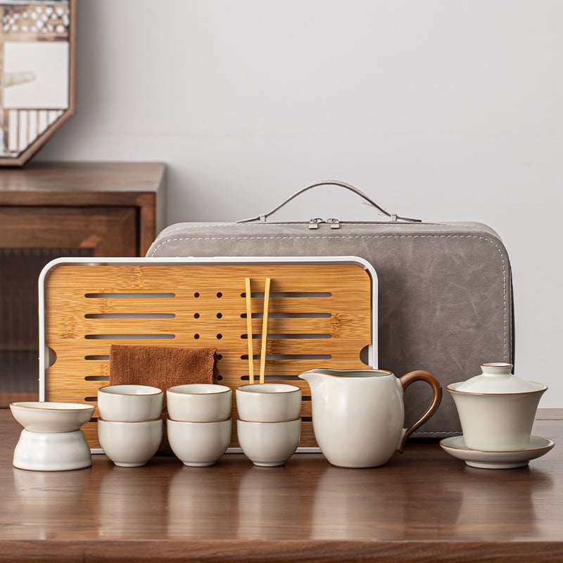 Set de ceai gaiwan Ru Kiln pentru călătorie, cu husă de depozitare