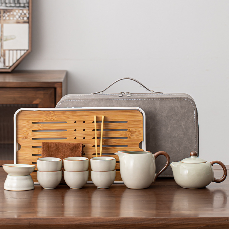 Set de ceai gaiwan Ru Kiln pentru călătorie, cu husă de depozitare