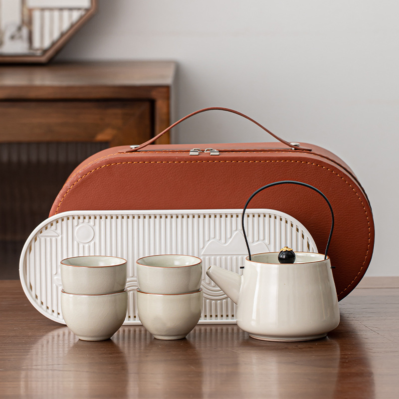 Set de ceai gaiwan Ru Kiln pentru călătorie, cu husă de depozitare