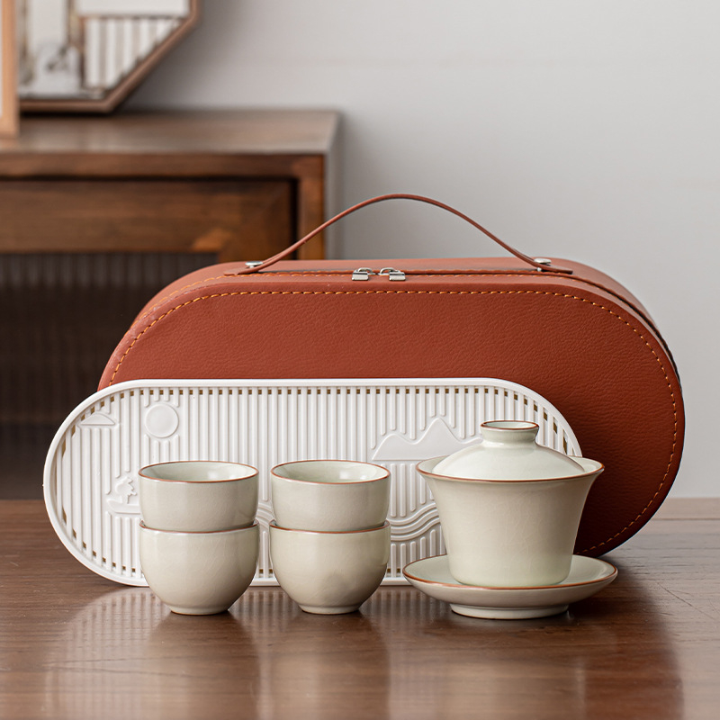 Set de ceai gaiwan Ru Kiln pentru călătorie, cu husă de depozitare