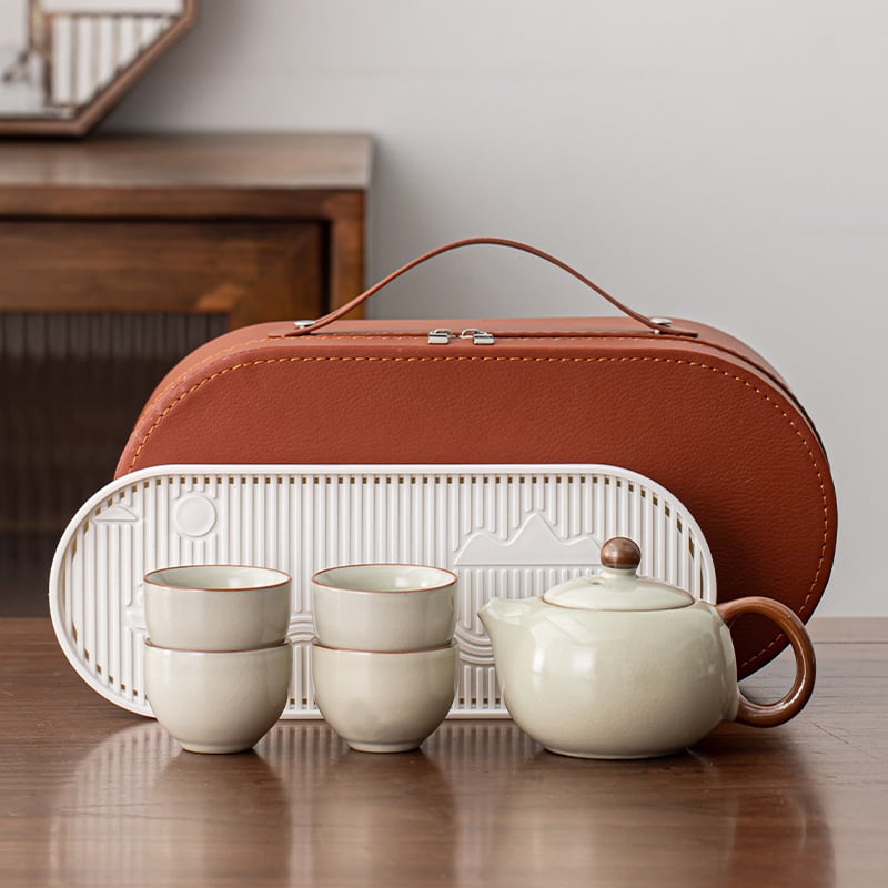 Set de ceai gaiwan Ru Kiln pentru călătorie, cu husă de depozitare