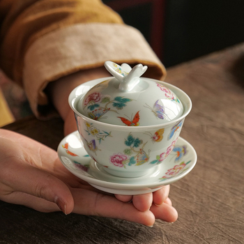 Vas de ceai cu capac emailat, alb-roz, design fluture retro, ceramică de înaltă calitate stil chinezesc