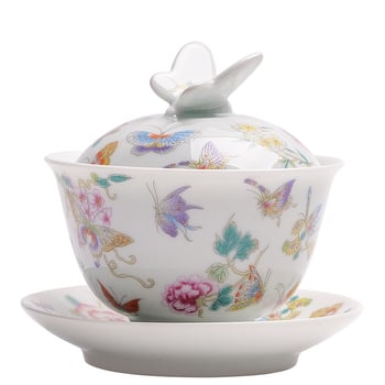 Vas de ceai cu capac emailat, alb-roz, design fluture retro, ceramică de înaltă calitate stil chinezesc