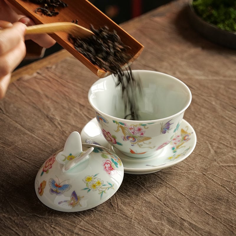 Vas de ceai cu capac emailat, alb-roz, design fluture retro, ceramică de înaltă calitate stil chinezesc