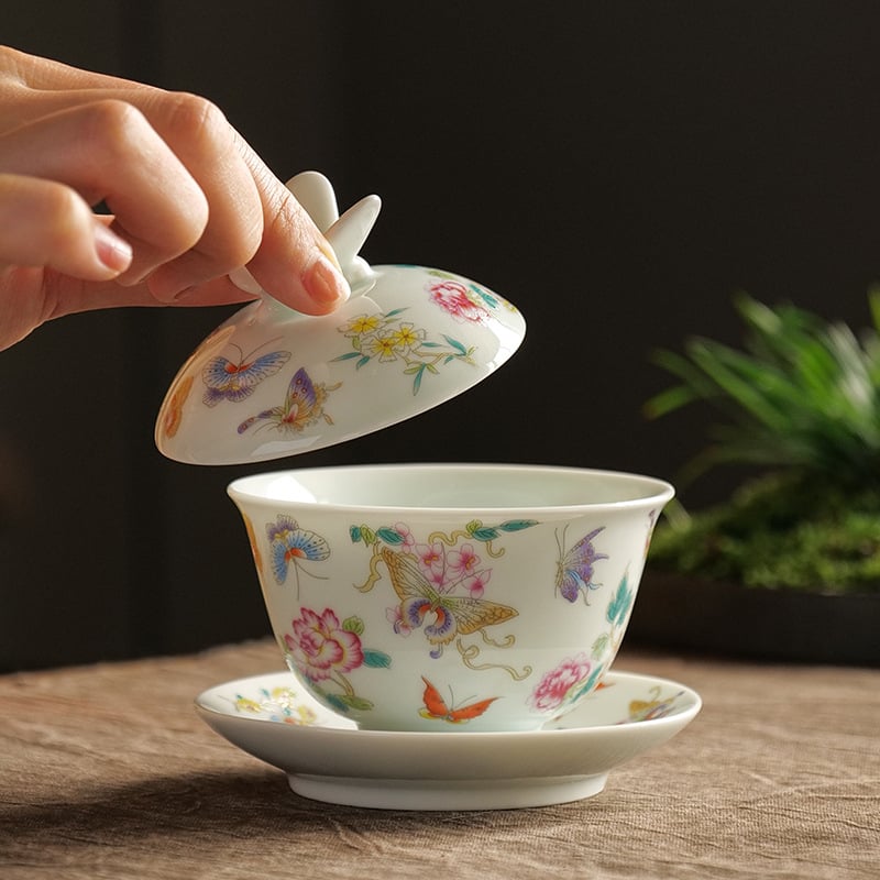 Vas de ceai cu capac emailat, alb-roz, design fluture retro, ceramică de înaltă calitate stil chinezesc