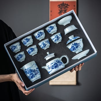 Set ceai Dehua vintage albastru și alb - ceainic din ceramică, gaiwan și cești într-o cutie cadou