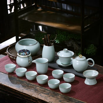 Set de ceai din porțelan Jingdezhen Ru kiln cu glazură crackle, porțelan de înaltă calitate, cutie cadou pentru casă și birou