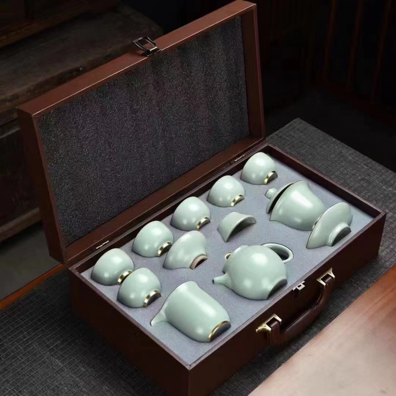 Set de ceai din porțelan Jingdezhen Ru kiln cu glazură crackle, porțelan de înaltă calitate, cutie cadou pentru casă și birou
