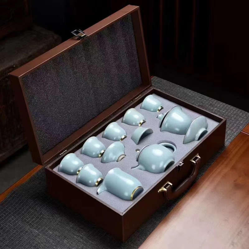 Set de ceai din porțelan Jingdezhen Ru kiln cu glazură crackle, porțelan de înaltă calitate, cutie cadou pentru casă și birou