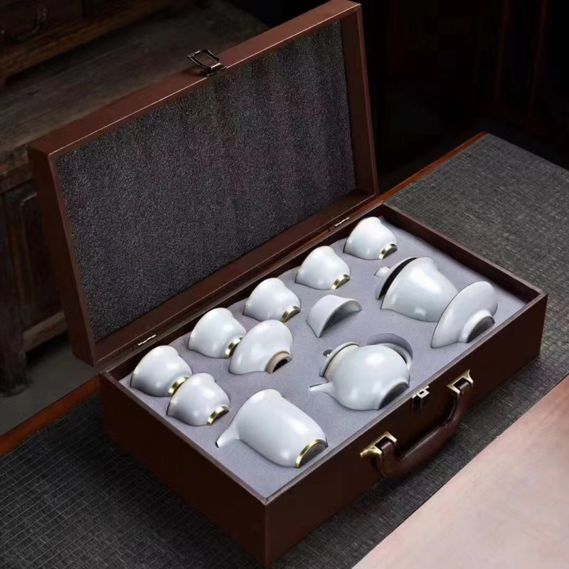 Set de ceai din porțelan Jingdezhen Ru kiln cu glazură crackle, porțelan de înaltă calitate, cutie cadou pentru casă și birou