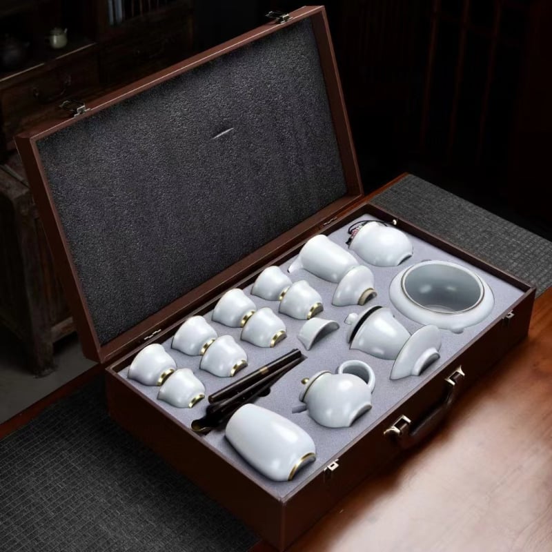 Set de ceai din porțelan Jingdezhen Ru kiln cu glazură crackle, porțelan de înaltă calitate, cutie cadou pentru casă și birou