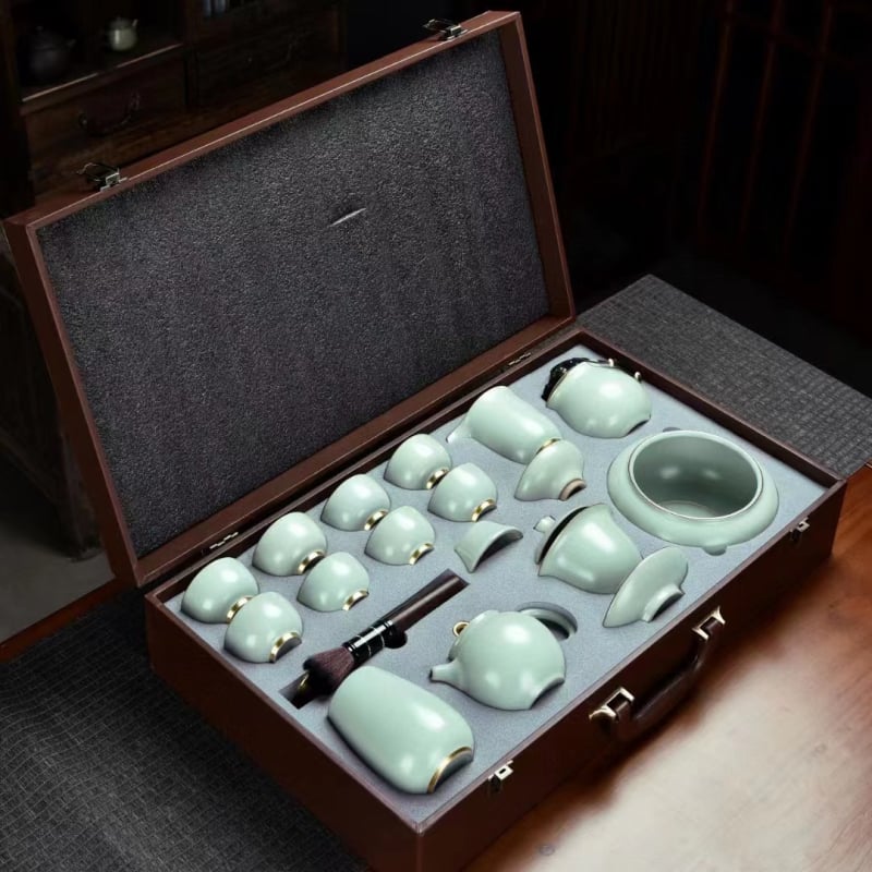 Set de ceai din porțelan Jingdezhen Ru kiln cu glazură crackle, porțelan de înaltă calitate, cutie cadou pentru casă și birou