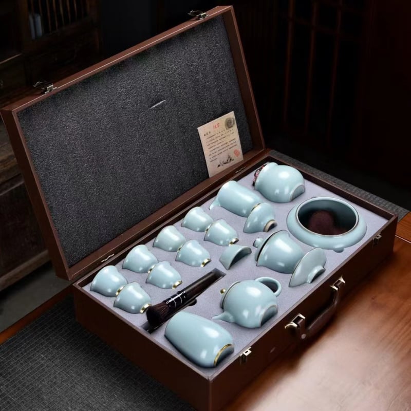 Set de ceai din porțelan Jingdezhen Ru kiln cu glazură crackle, porțelan de înaltă calitate, cutie cadou pentru casă și birou