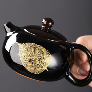 Ceainic ceramic negru Tianmu, cu motiv frunză de lemn, set de ceai și ceașcă