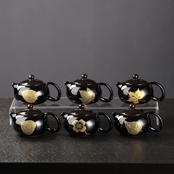 Ceainic ceramic negru Tianmu, cu motiv frunză de lemn, set de ceai și ceașcă