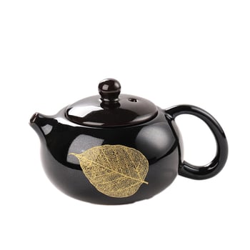 Ceainic ceramic negru Tianmu, cu motiv frunză de lemn, set de ceai și ceașcă