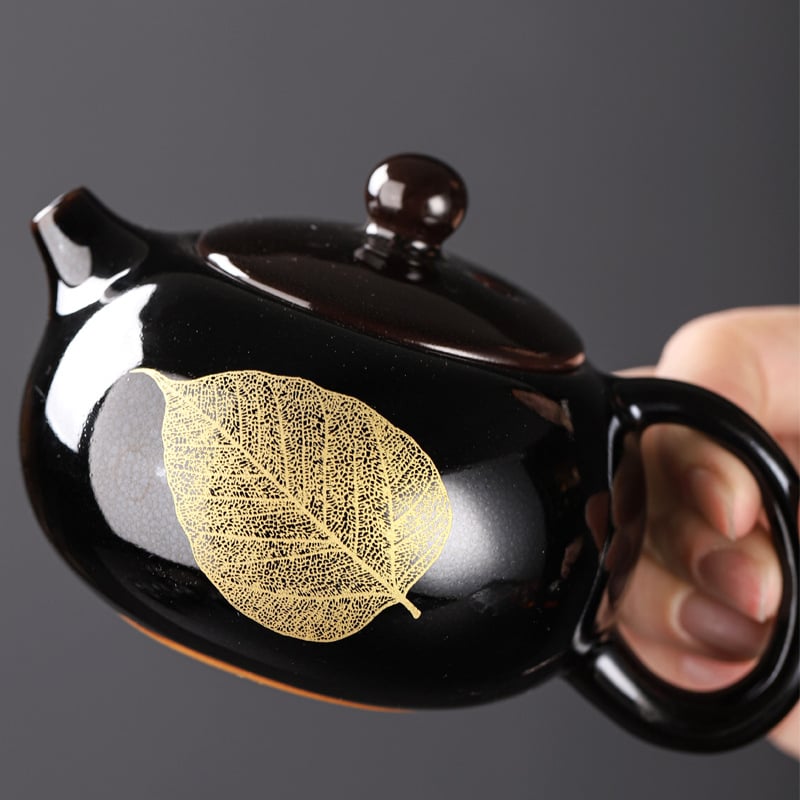 Ceainic ceramic negru Tianmu, cu motiv frunză de lemn, set de ceai și ceașcă