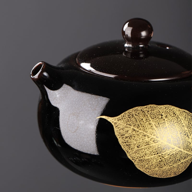 Ceainic ceramic negru Tianmu, cu motiv frunză de lemn, set de ceai și ceașcă