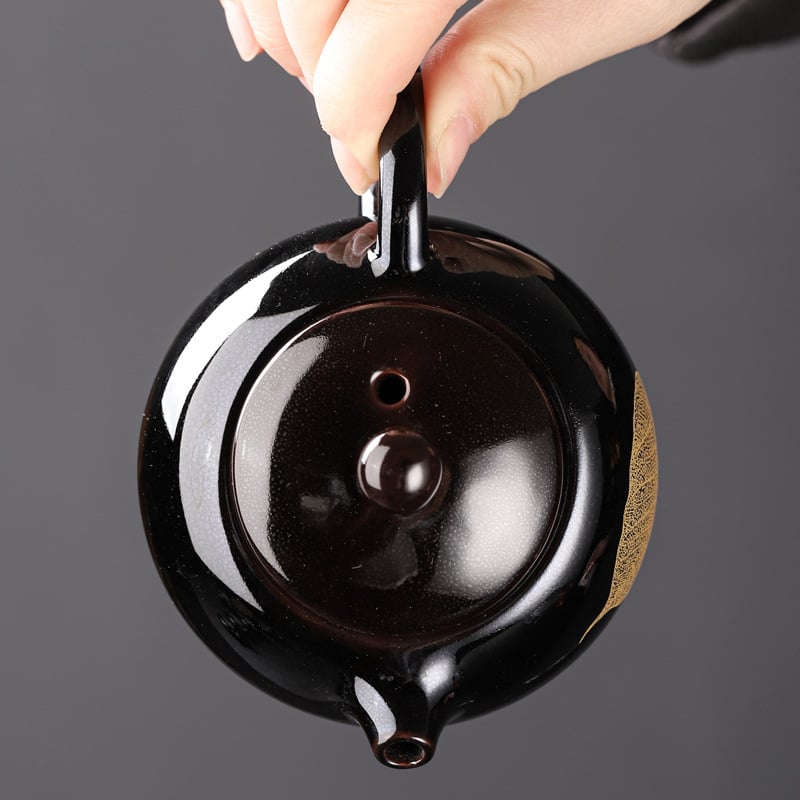 Ceainic ceramic negru Tianmu, cu motiv frunză de lemn, set de ceai și ceașcă