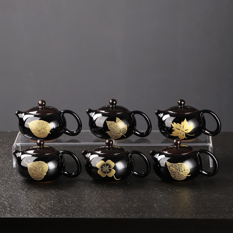 Ceainic ceramic negru Tianmu, cu motiv frunză de lemn, set de ceai și ceașcă
