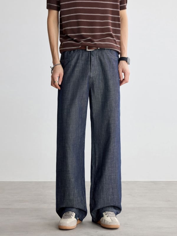 Danbaoni blugi bărbați culoare naturală, talie medie, croială dreaptă lejeră, ușori și respirabili, pantaloni casual de vară