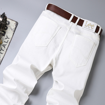 LEETTU Blugi bărbați albi, din bumbac, vară ușoare, croială slim straight, elastice, pantaloni casual de afaceri