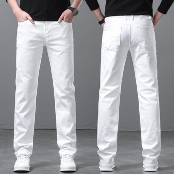 LEETTU Blugi bărbați albi, din bumbac, vară ușoare, croială slim straight, elastice, pantaloni casual de afaceri