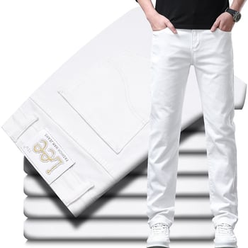 LEETTU Blugi bărbați albi, din bumbac, vară ușoare, croială slim straight, elastice, pantaloni casual de afaceri