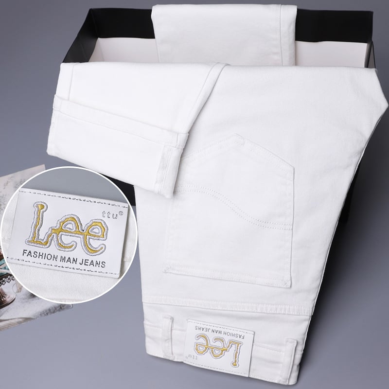 LEETTU Blugi bărbați albi, din bumbac, vară ușoare, croială slim straight, elastice, pantaloni casual de afaceri
