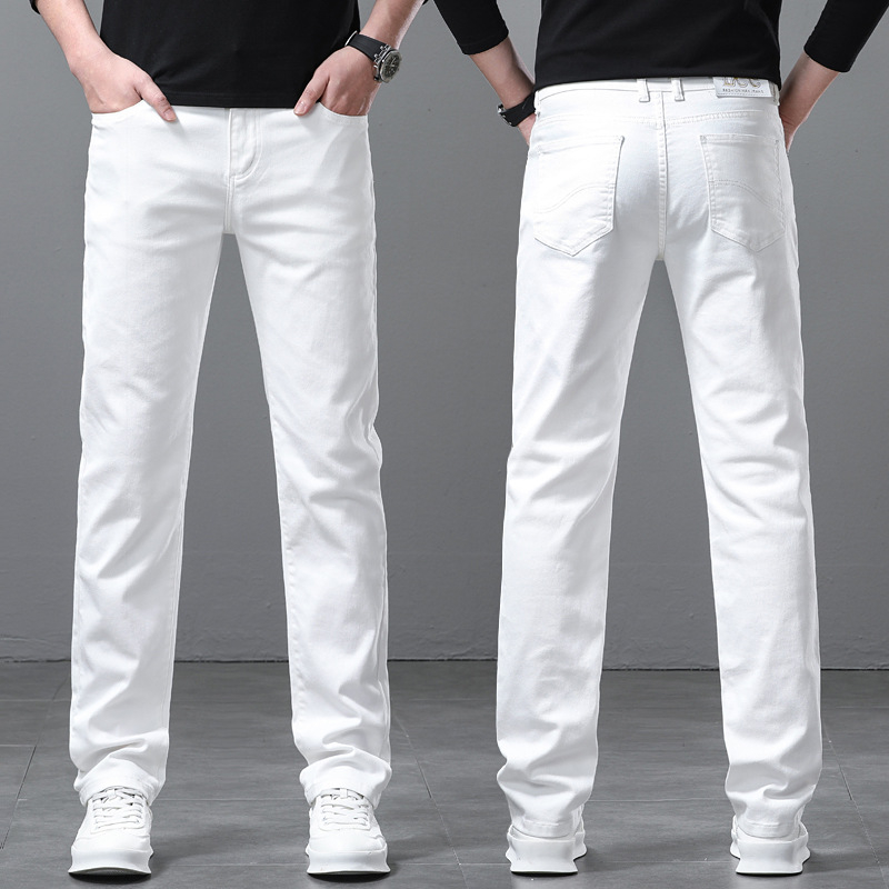 LEETTU Blugi bărbați albi, din bumbac, vară ușoare, croială slim straight, elastice, pantaloni casual de afaceri