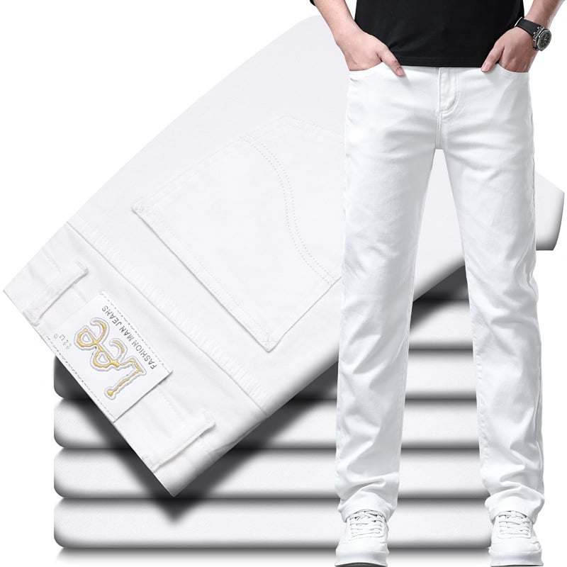 LEETTU Blugi bărbați albi, din bumbac, vară ușoare, croială slim straight, elastice, pantaloni casual de afaceri