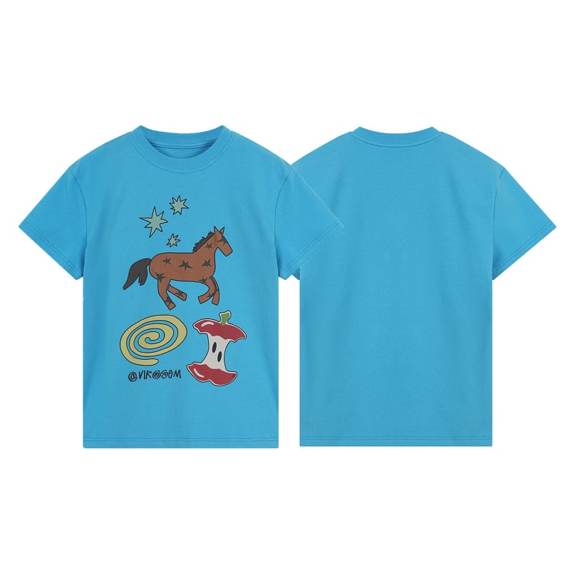 9071 Tricou unisex cu imprimeu cu desene animate, guler rotund, mâneci scurte, croială slim, 100% bumbac