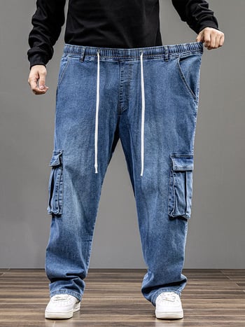 Blugi bărbați pentru primăvară–toamnă, extra-large, croială dreaptă, talie înaltă, elastici, denim de lucru