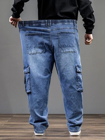 Blugi bărbați pentru primăvară–toamnă, extra-large, croială dreaptă, talie înaltă, elastici, denim de lucru