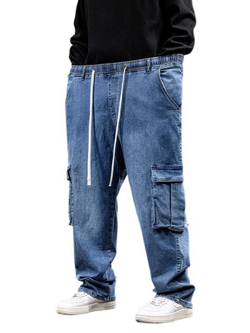 Blugi bărbați pentru primăvară–toamnă, extra-large, croială dreaptă, talie înaltă, elastici, denim de lucru