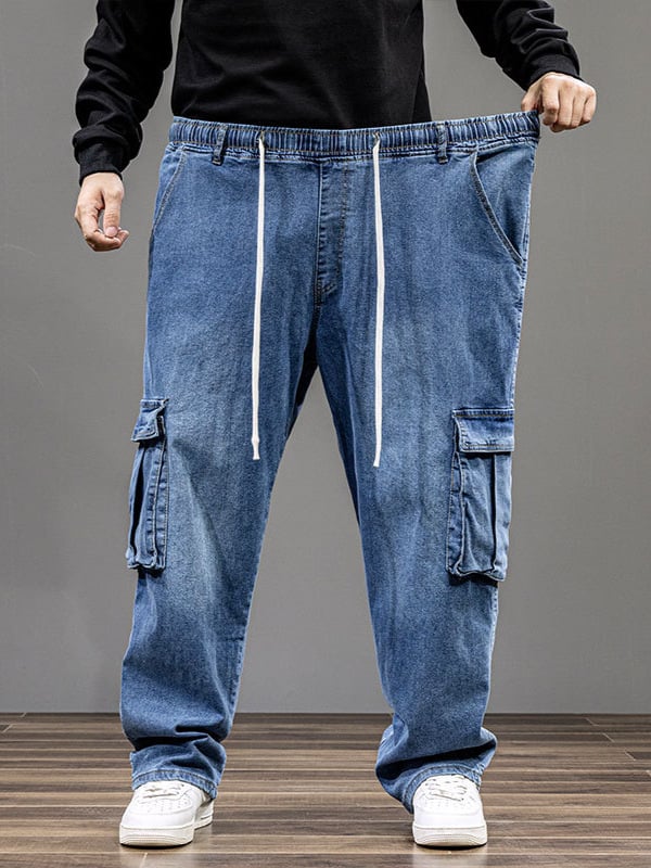 Blugi bărbați pentru primăvară–toamnă, extra-large, croială dreaptă, talie înaltă, elastici, denim de lucru