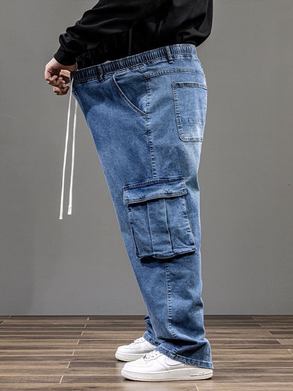 Blugi bărbați pentru primăvară–toamnă, extra-large, croială dreaptă, talie înaltă, elastici, denim de lucru